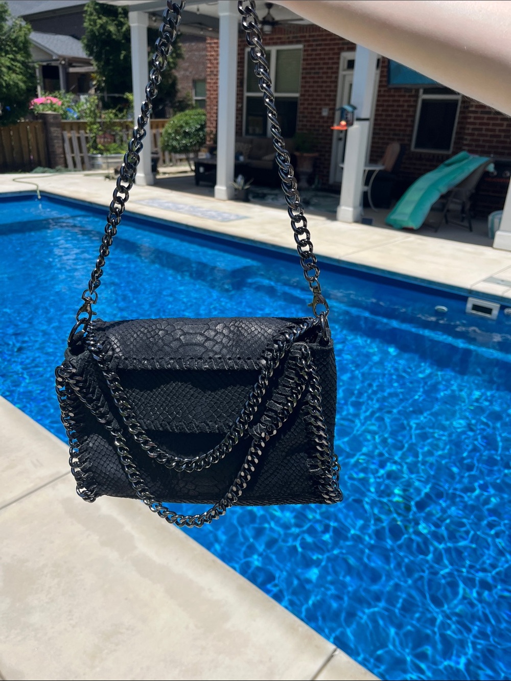 Italian Genuine Leather Snake Embossed Chain Crossbody Shoulder Bag Black - Picture 11 of 11